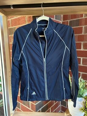 Adidas Golf Climaproof Rain Jacket
Full Zip Sz Small Blue White Trim
Pockets